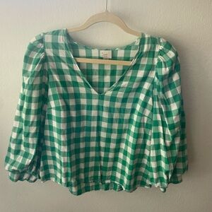 a new day Green and White Gingham V-Neck Puff Sleeve Top